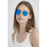 SVNX round metal sunglasses in shiny silver with blue mirror lenses (British brand)