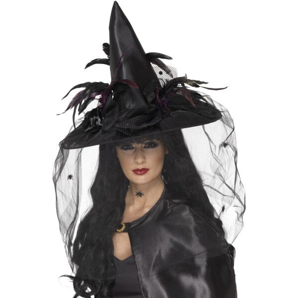 Smiffys witch hat with feathers and netting black deluxe, UK version