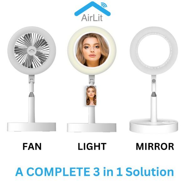 Make Up Vanity Mirror 3-in-1 Portable Smart Fan & LED Light