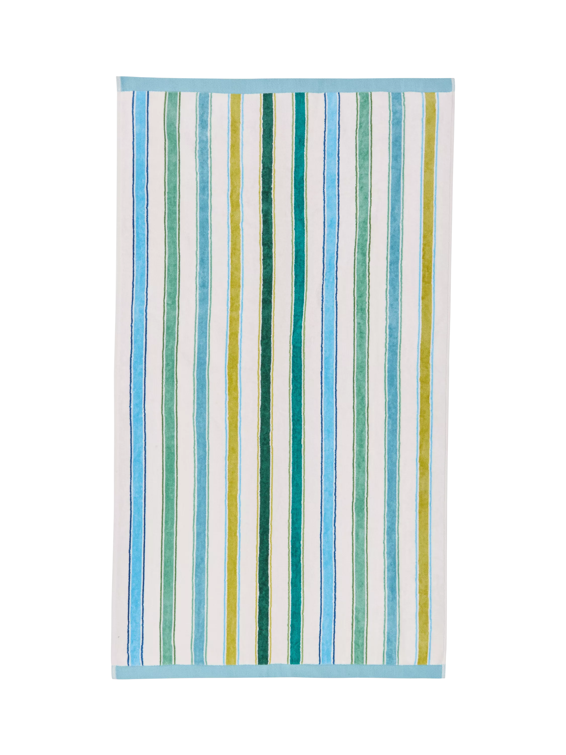 Land & Shore Barrow Stripe towels in green with teal hem (British brand)