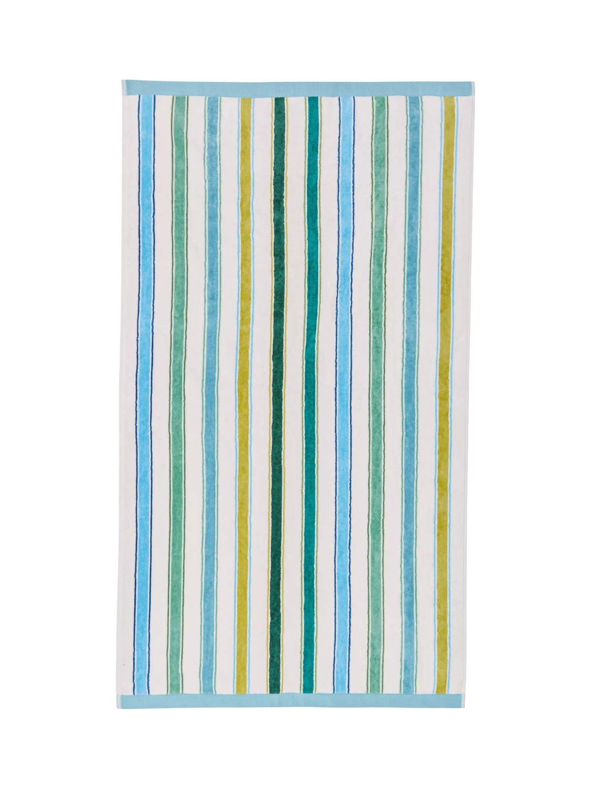 Land & Shore Barrow Stripe towels in green with teal hem (British brand)