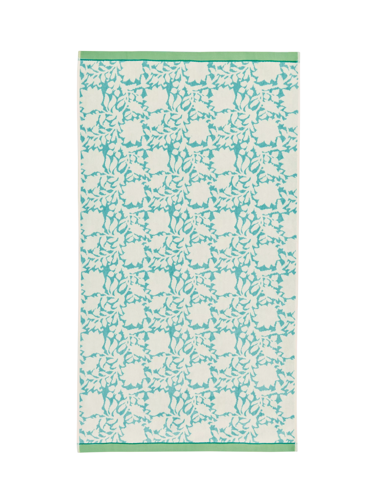 Land Shore floral blue bath towel with red and green trim, UK version