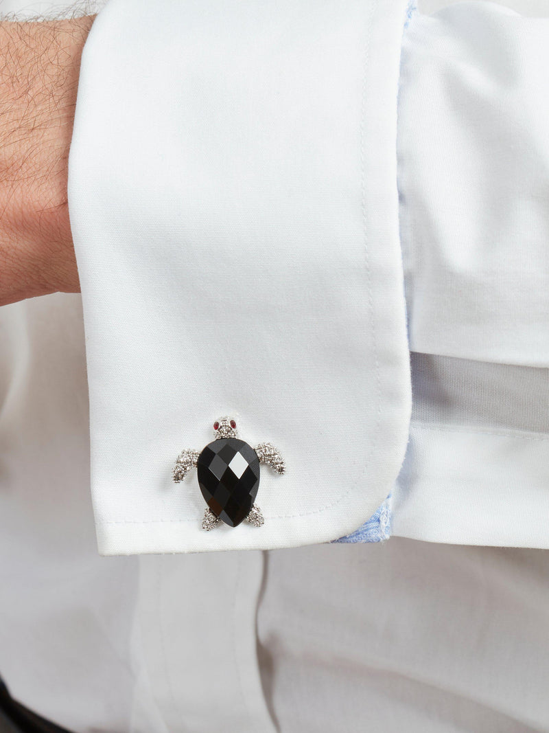 Simon Carter turtle cufflinks with onyx and Swarovski crystals, imported from the UK