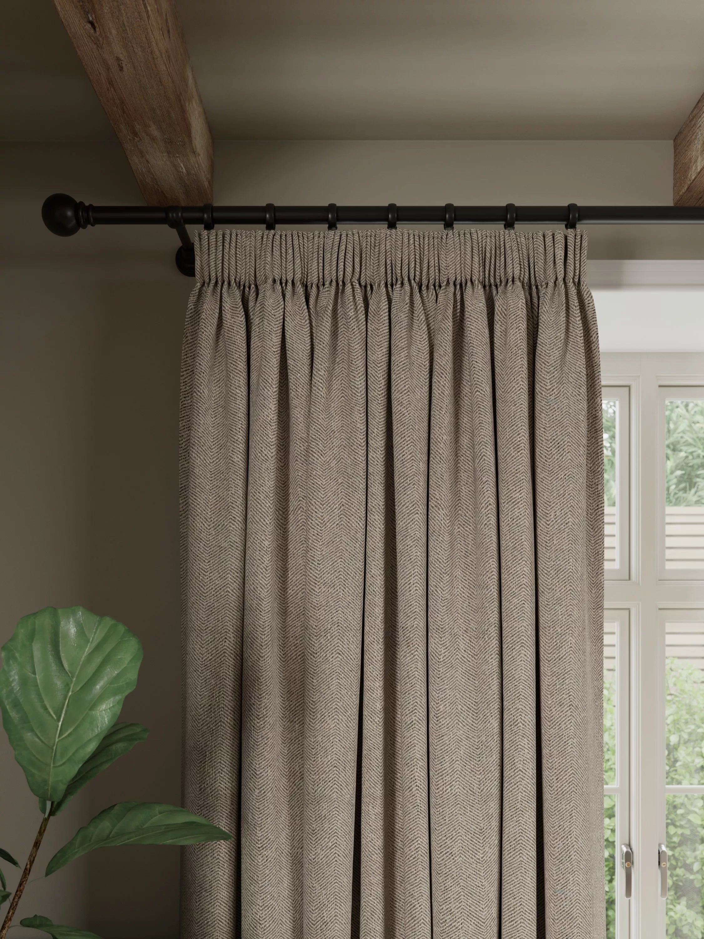 John Lewis Brushed Herringbone Pair Blackout Lined Pencil Pleat Curtains, Pale Mole, W167 x Drop 137cm