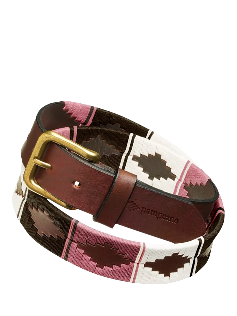 Pampeano Frambuesa brown leather belt with pink and green weave (British brand)