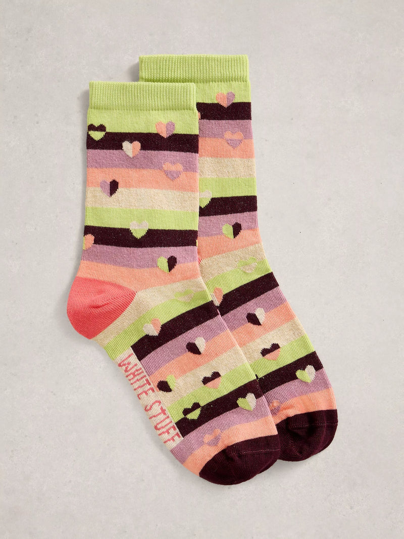 White Stuff ankle socks in heart and stripe green multi (British brand)