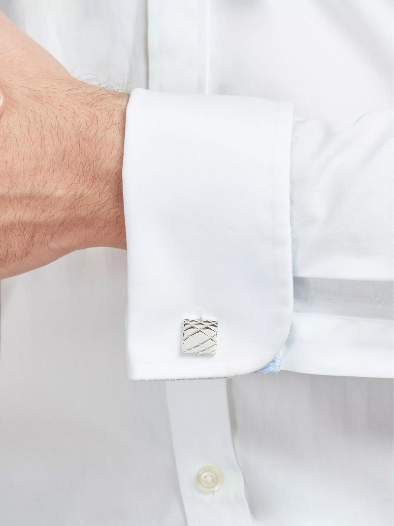 Simon Carter silver cufflinks embossed crisscross pattern, UK version