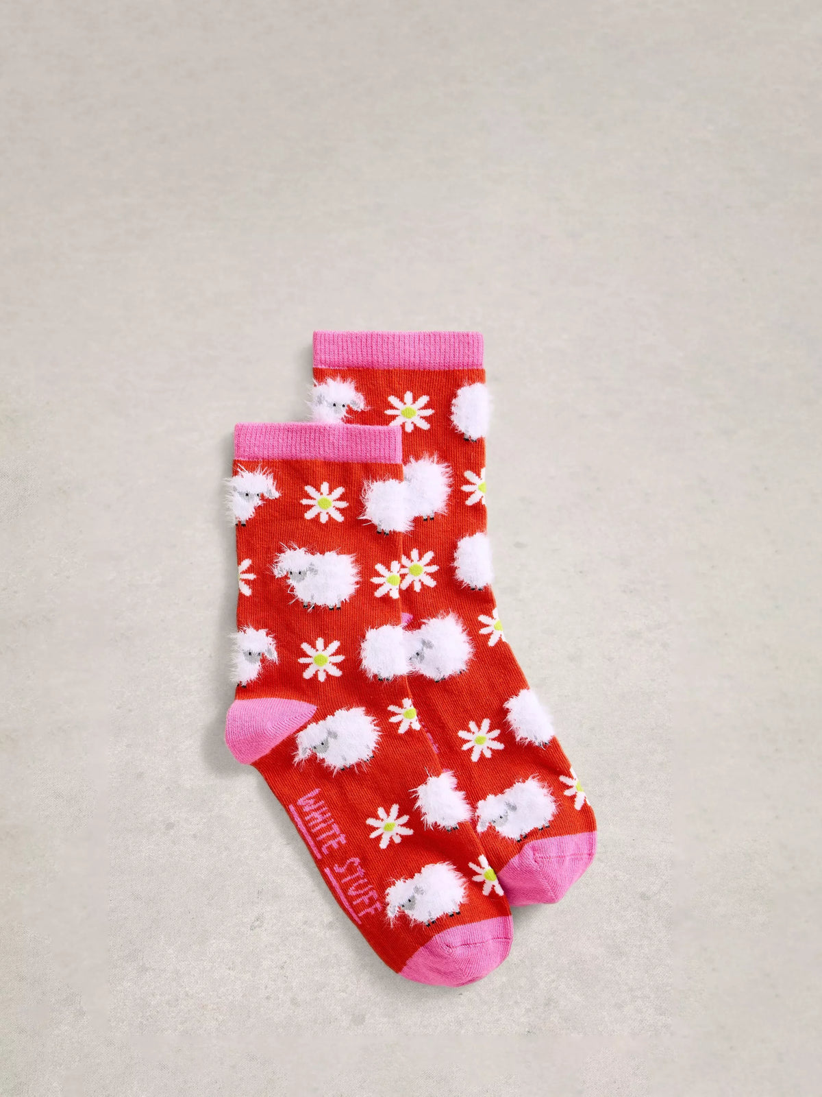 White Stuff Fluffy Sheep Ankle Socks, Red/Multi, 3-5.5