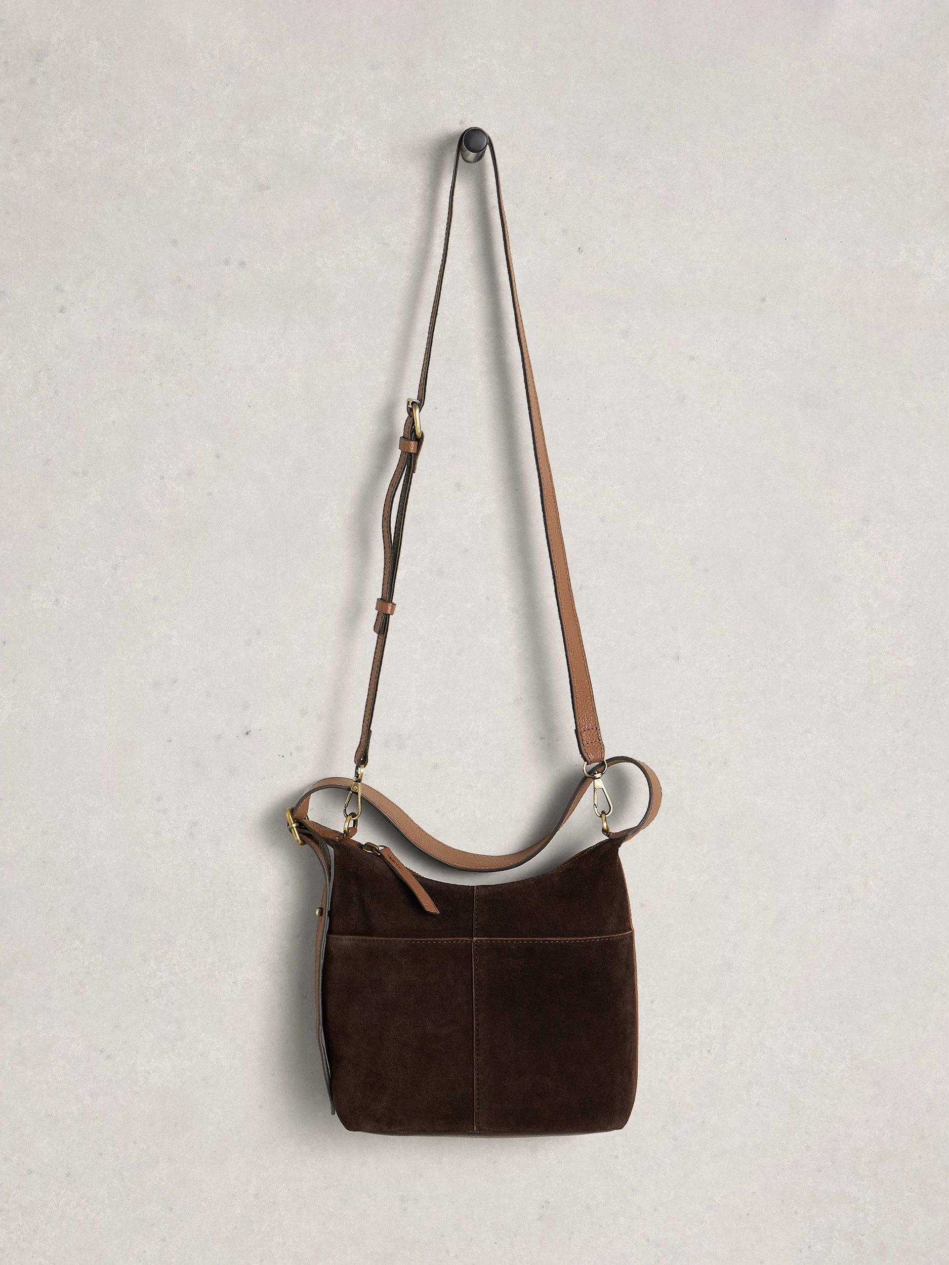 White Stuff Sophie Mini Suede Crossbody Bag dark brown, imported from the UK