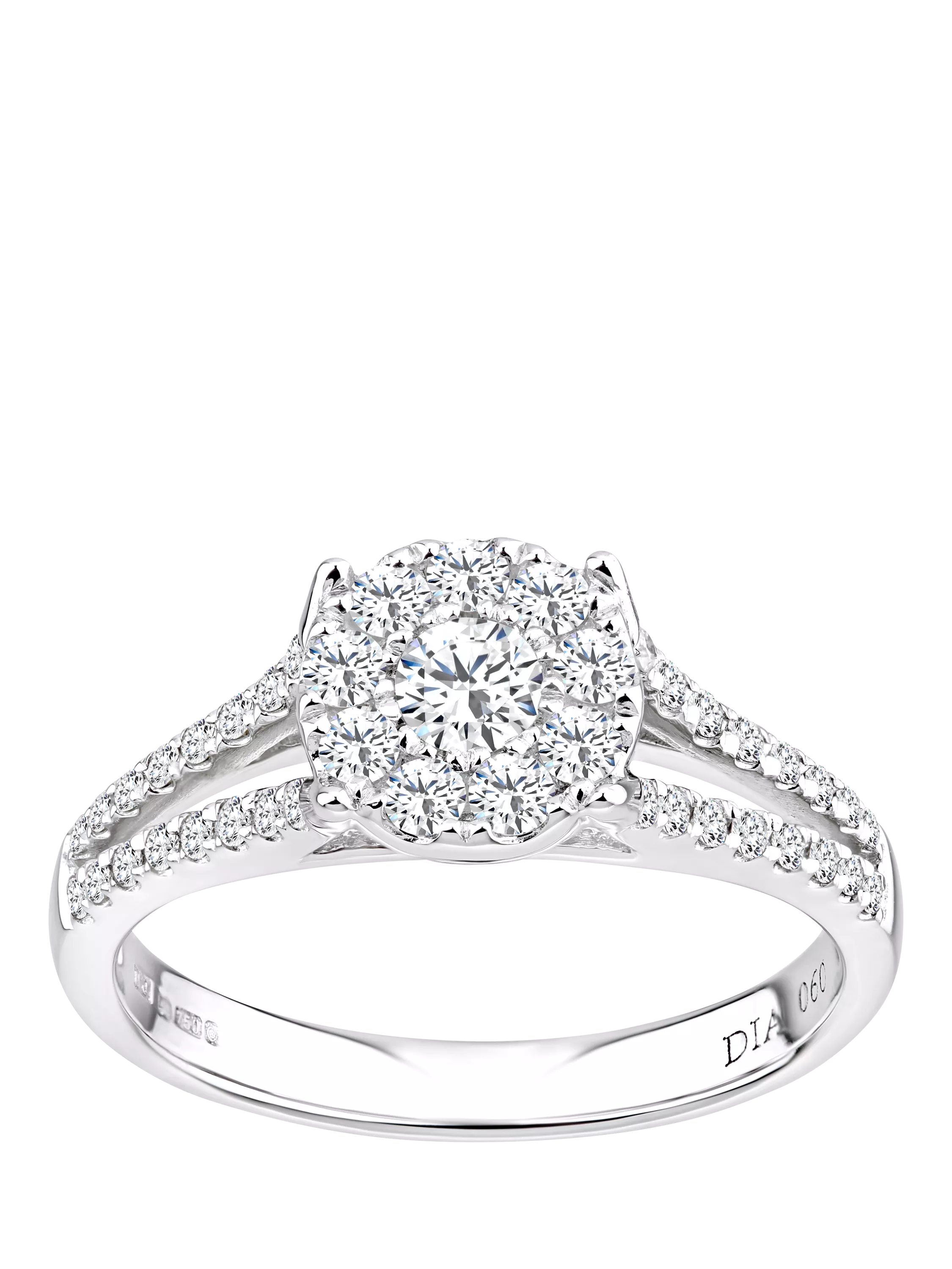 Mogul 18ct white gold halo diamond engagement ring, imported from the UK