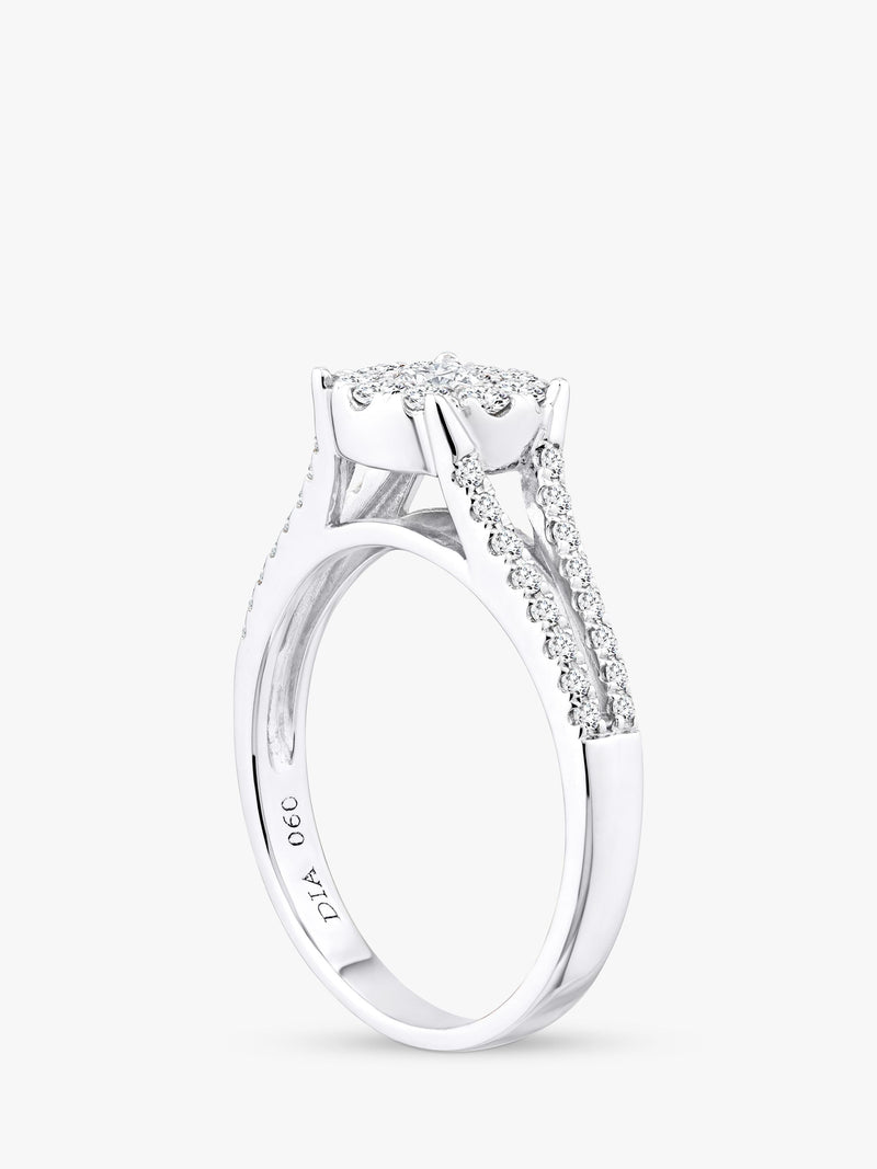 Mogul 18ct white gold halo diamond engagement ring, imported from the UK
