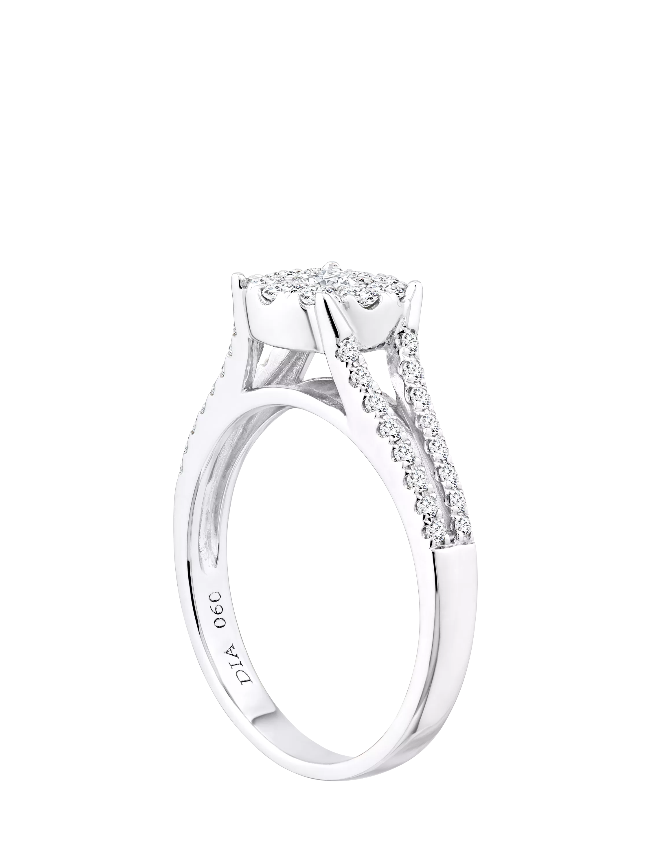 Mogul 18ct white gold halo diamond engagement ring, imported from the UK