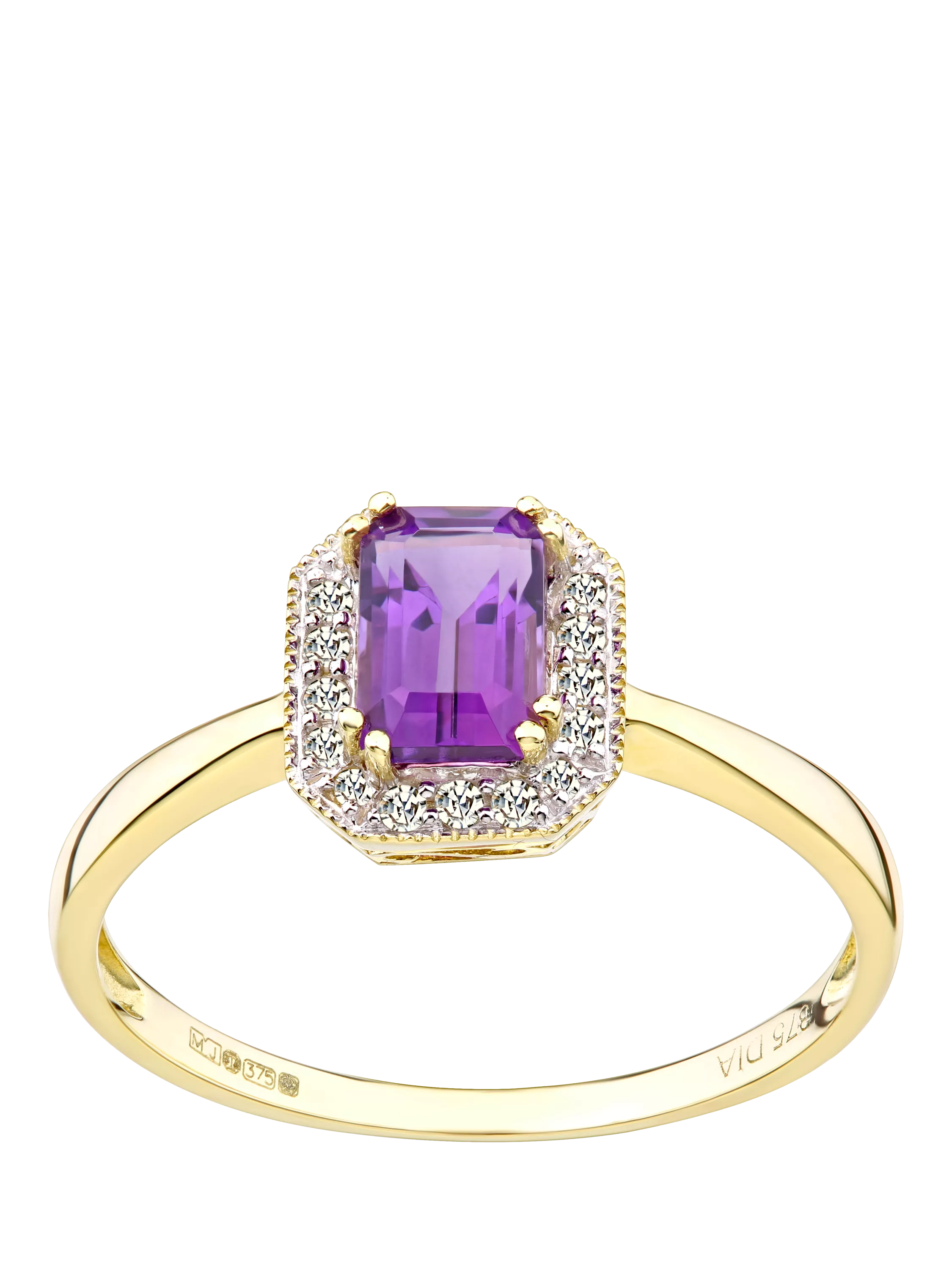 Mogul 9ct yellow gold amethyst diamond ring, imported from the UK