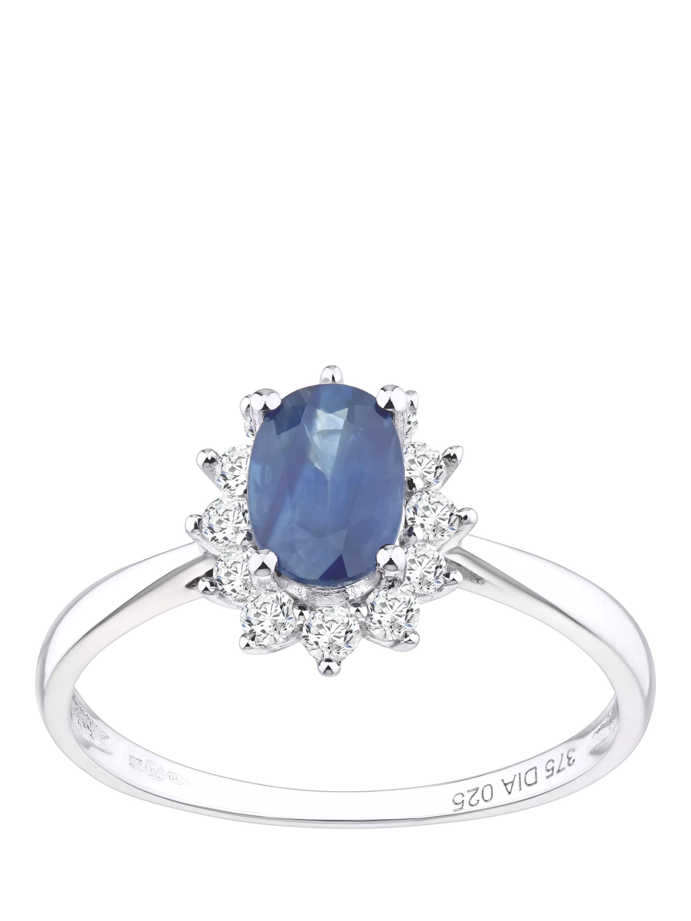 Mogul 9ct white gold oval sapphire diamond ring, imported from the UK