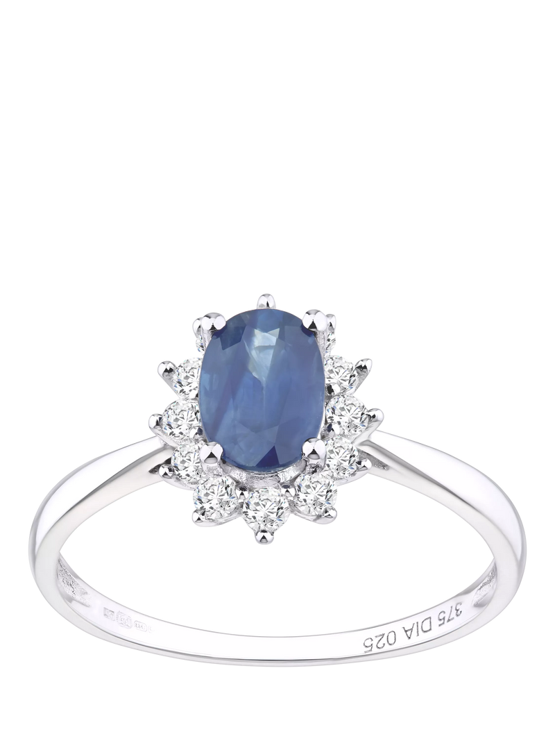 Mogul 9ct white gold oval sapphire diamond ring, imported from the UK