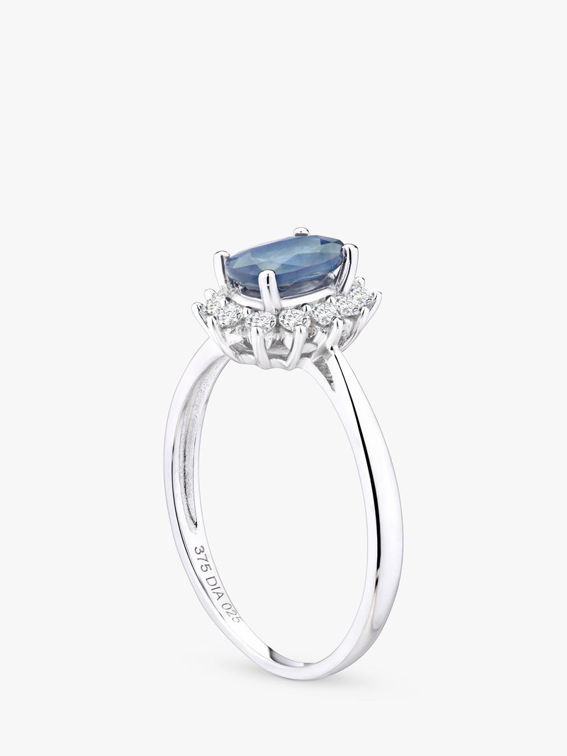 Mogul 9ct white gold oval sapphire diamond ring, imported from the UK