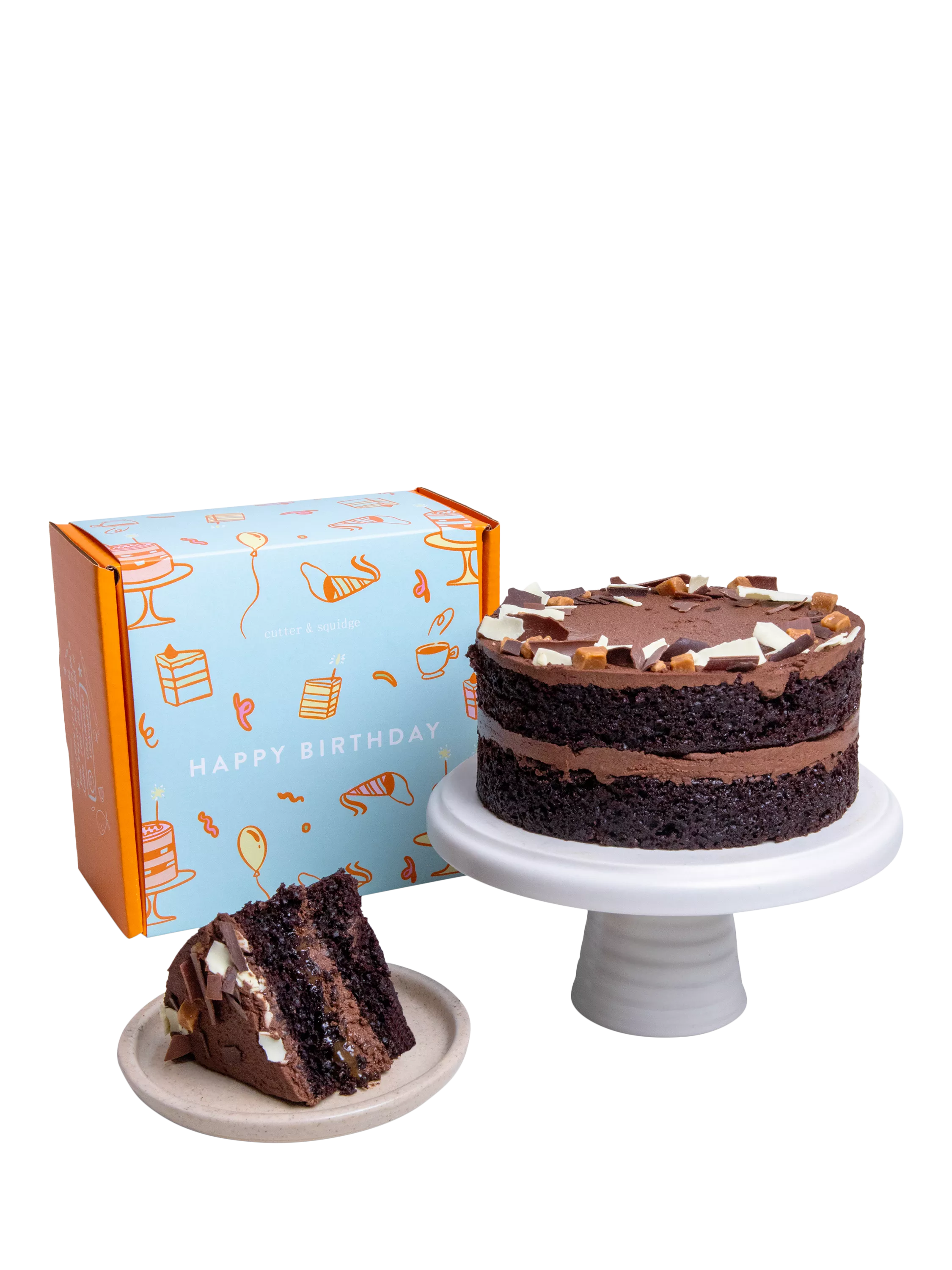 Cutter & Squidge Chocolate Fudge Caramel Cake, Happy Birthday Sleeve, Small