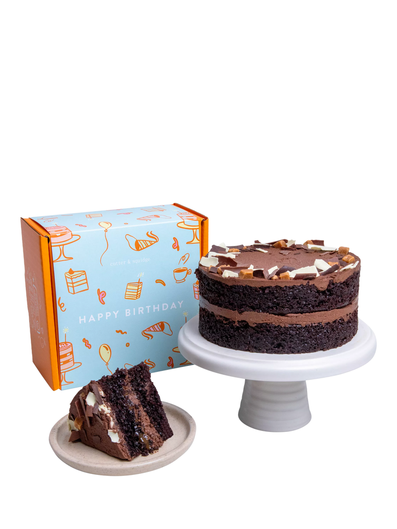 Cutter & Squidge Chocolate Fudge Caramel Cake, Happy Birthday Sleeve, Small