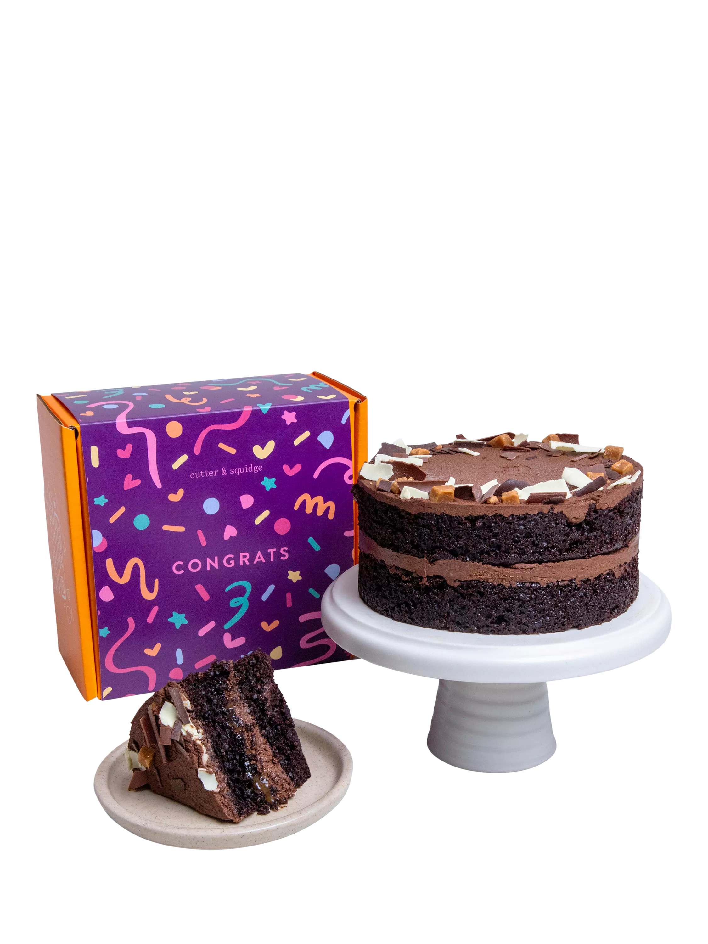 Cutter & Squidge Chocolate Fudge Caramel Cake, Congratulations Sleeve, Small