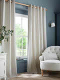 Laura Ashley chenille stripe lined eyelet curtains in slate blue, imported from the UK