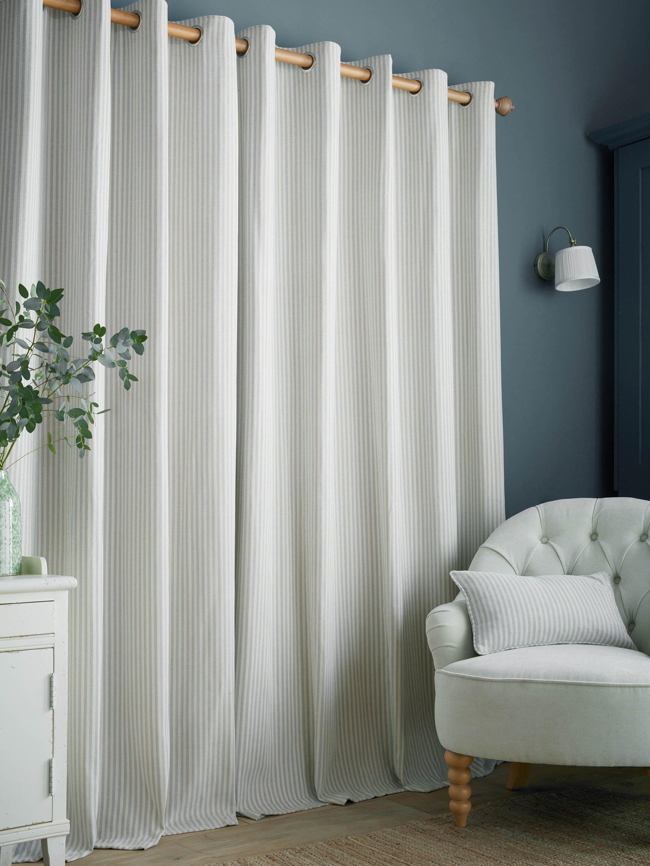 Laura Ashley chenille stripe lined eyelet curtains in slate blue, imported from the UK