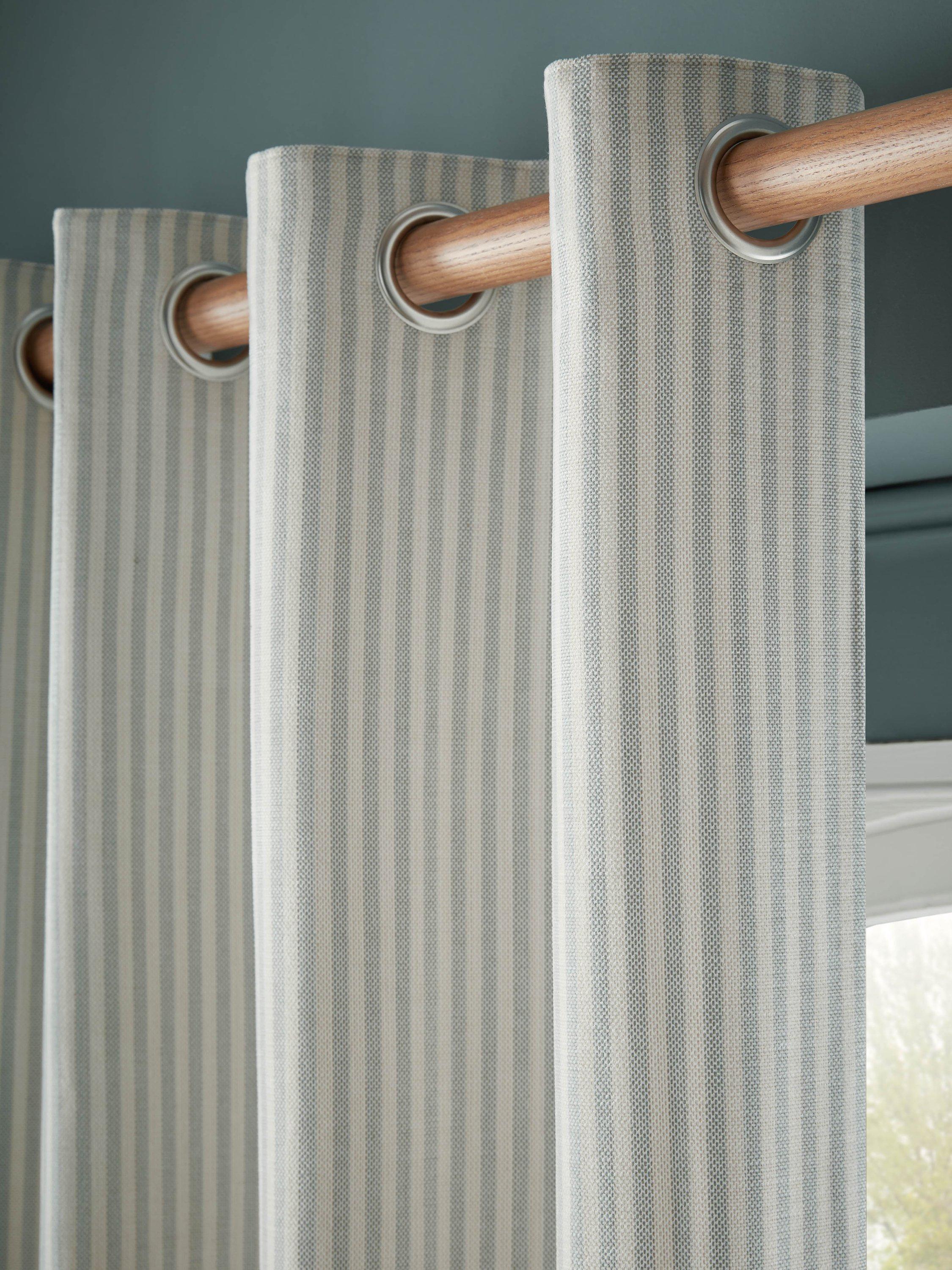 Laura Ashley chenille stripe lined eyelet curtains in slate blue, imported from the UK