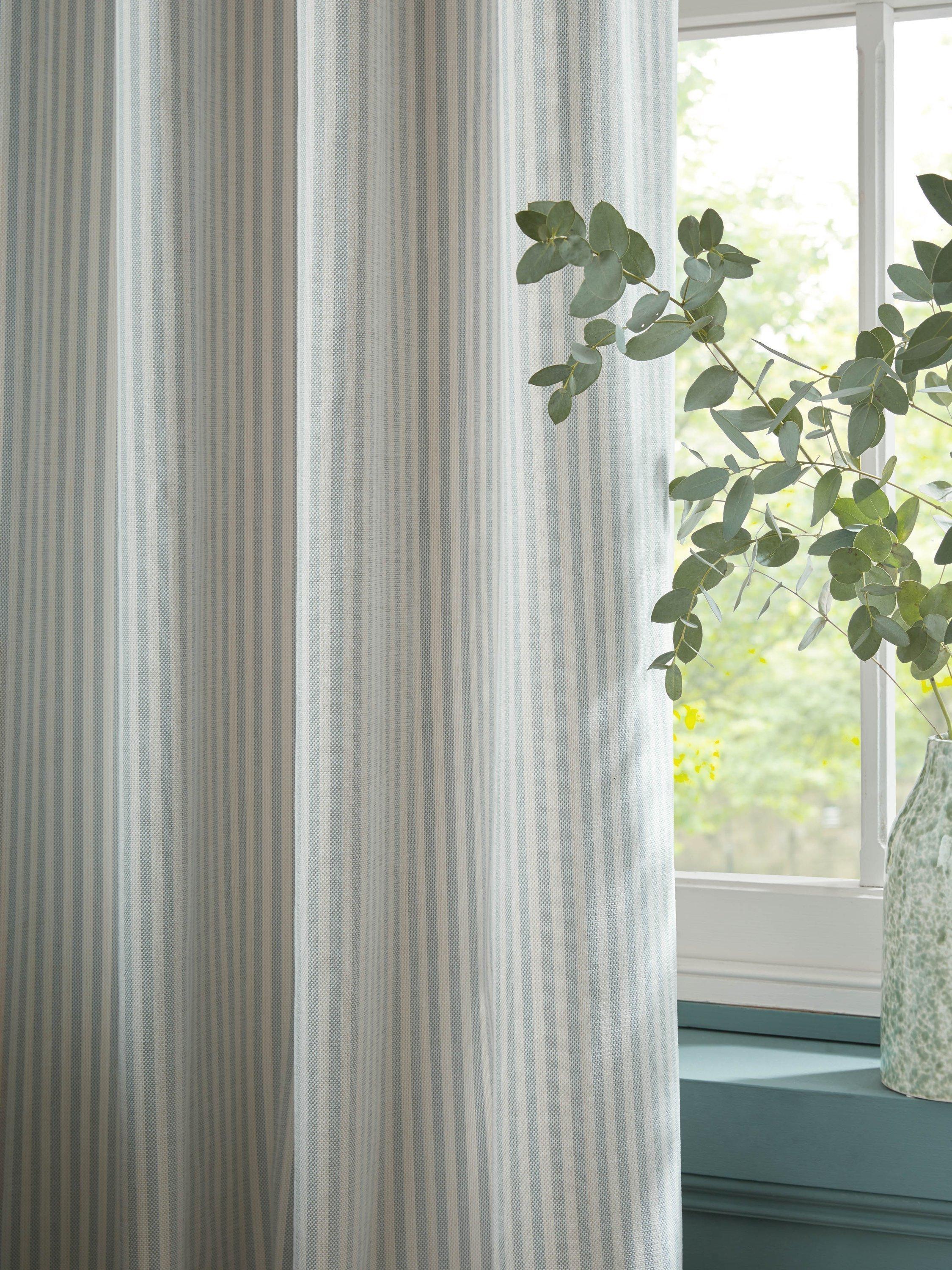 Laura Ashley chenille stripe lined eyelet curtains in slate blue, imported from the UK