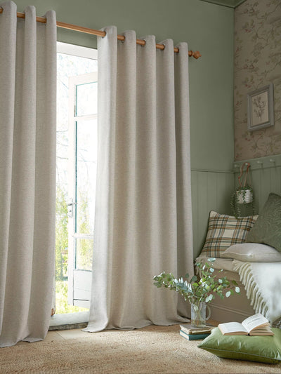John Lewis Laura Ashley Milbourne Herringbone Pair Lined Eyelet Curtains, Truffle Natural, 183cm Drop- Buy online at McGrocer