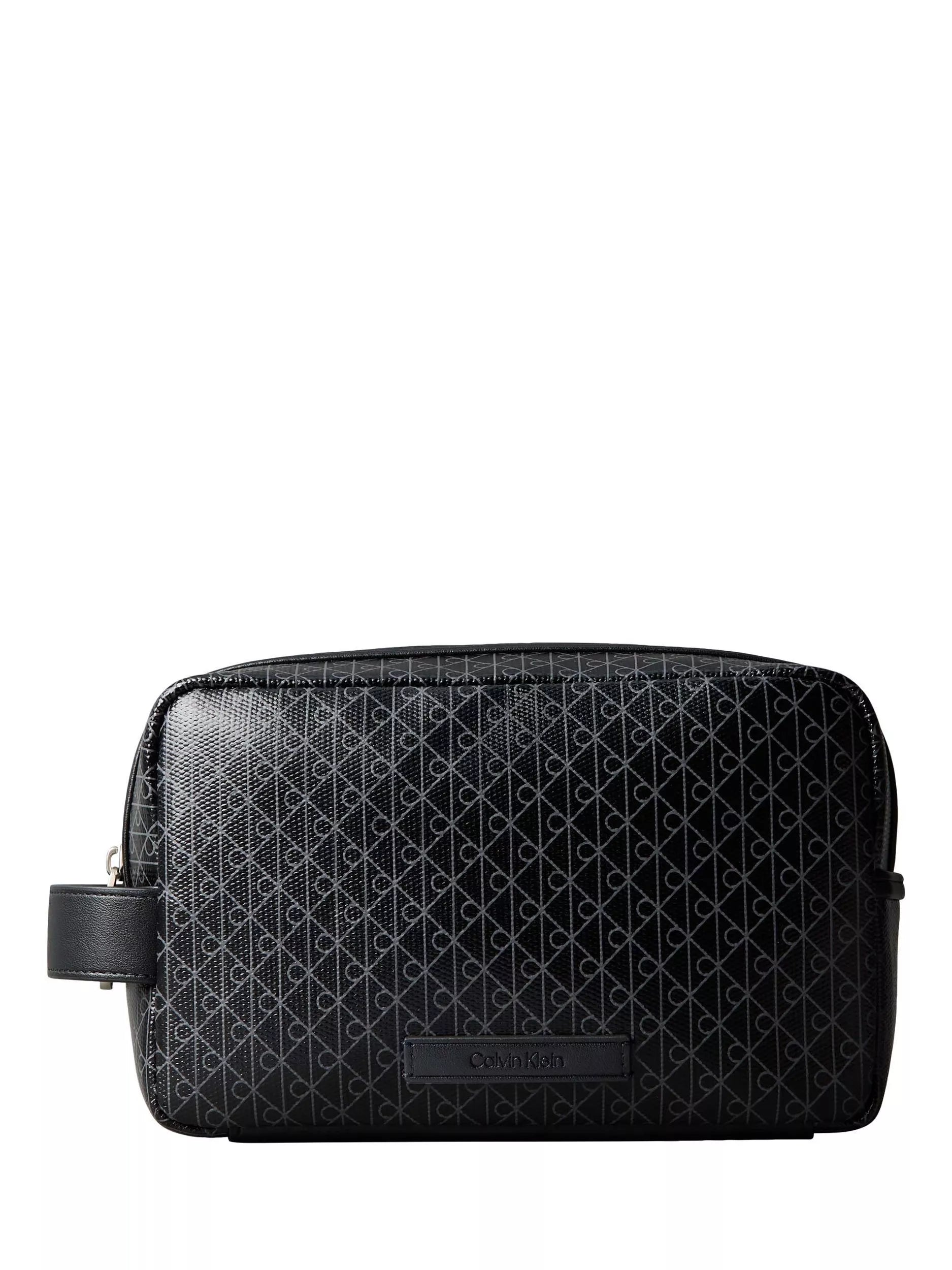 Calvin Klein monogram logo zip wash bag in black, UK version