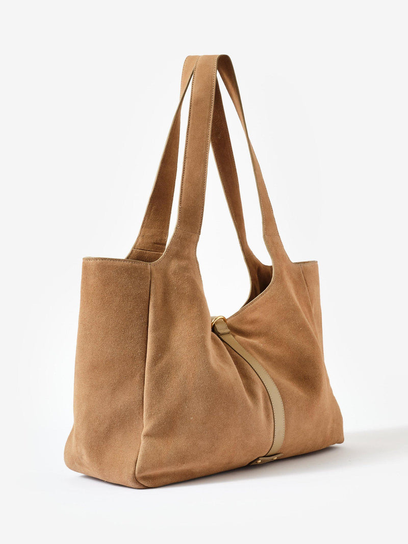 Mint Velvet slouchy suede shoulder bag in natural, imported from the UK