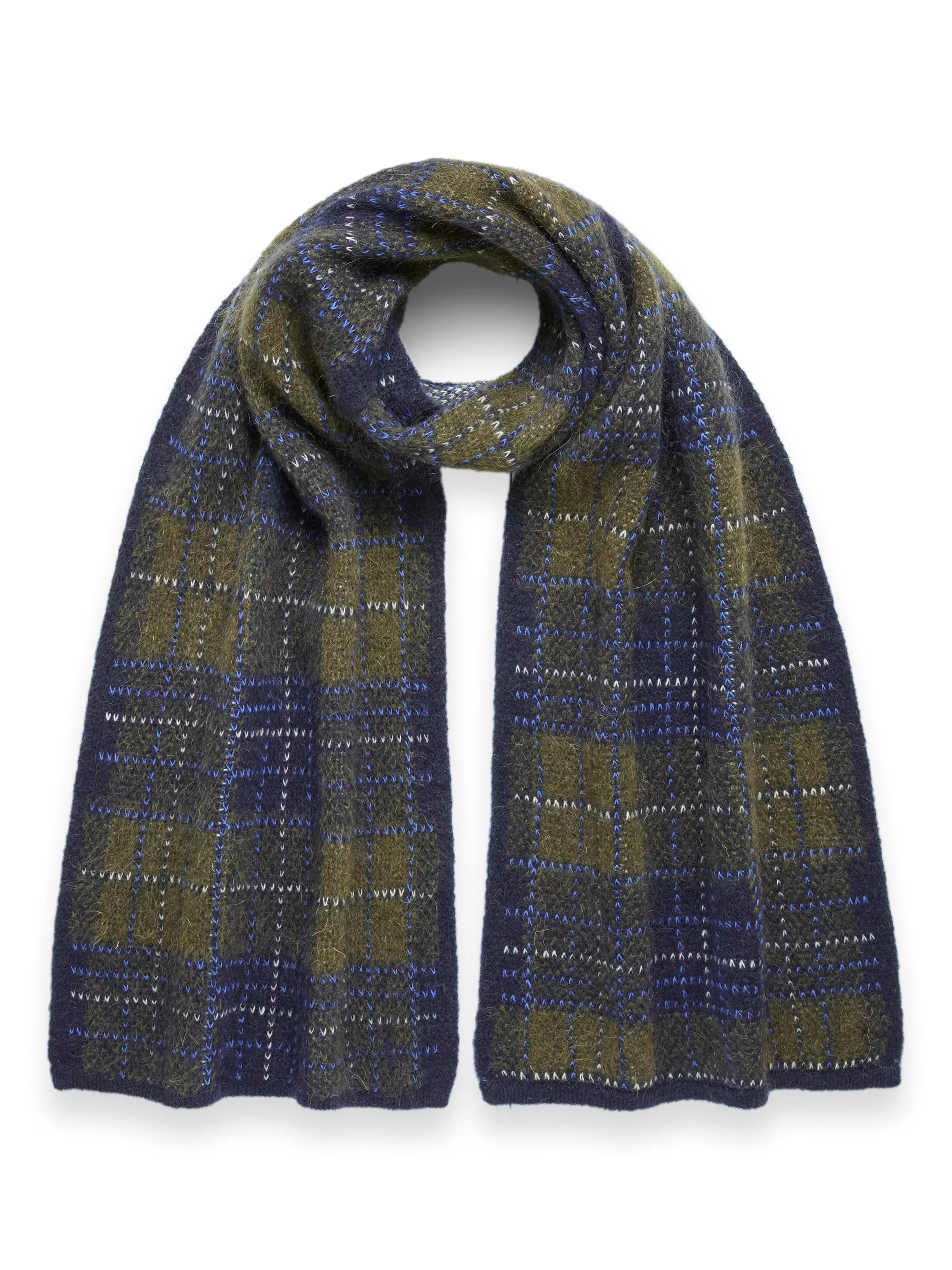 Celtic & Co. heritage check scarf in moss/multi, imported from the UK