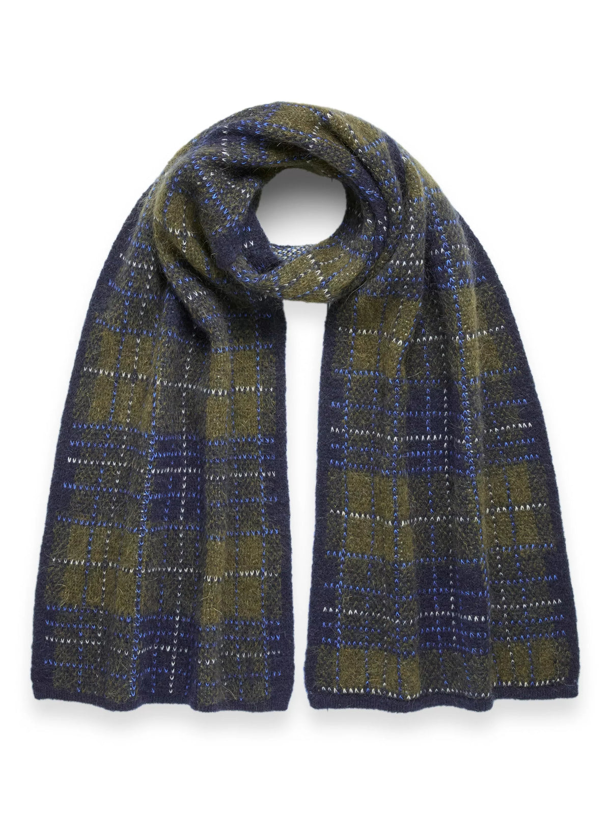 Celtic & Co. heritage check scarf in moss/multi, imported from the UK