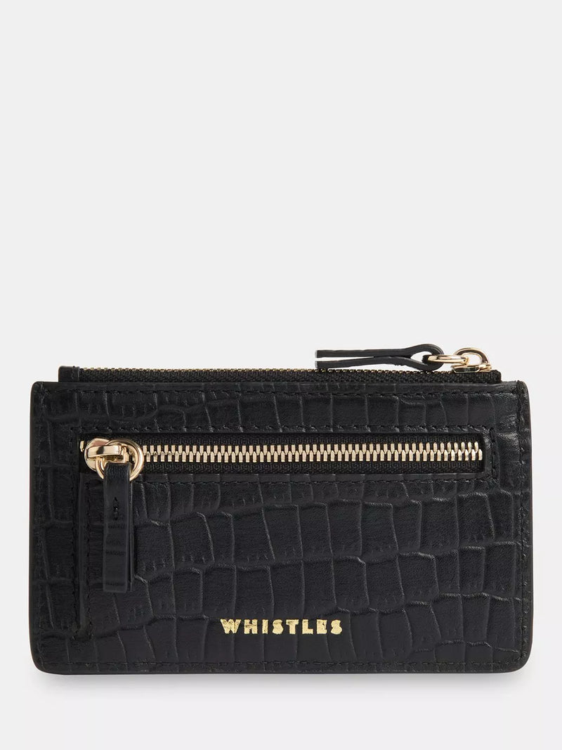 Whistles Croc Zip Top Card Holder, Black