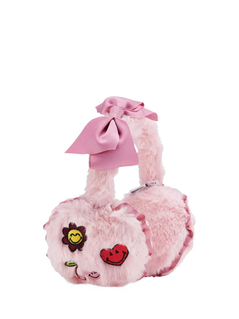 Small Stuff faux fur ear muffs in pink with smiley patches, UK version