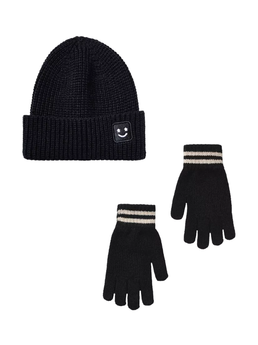 Small Stuff Kids' Knitted Beanie Hat and Gloves Set, Black, 3-5 years