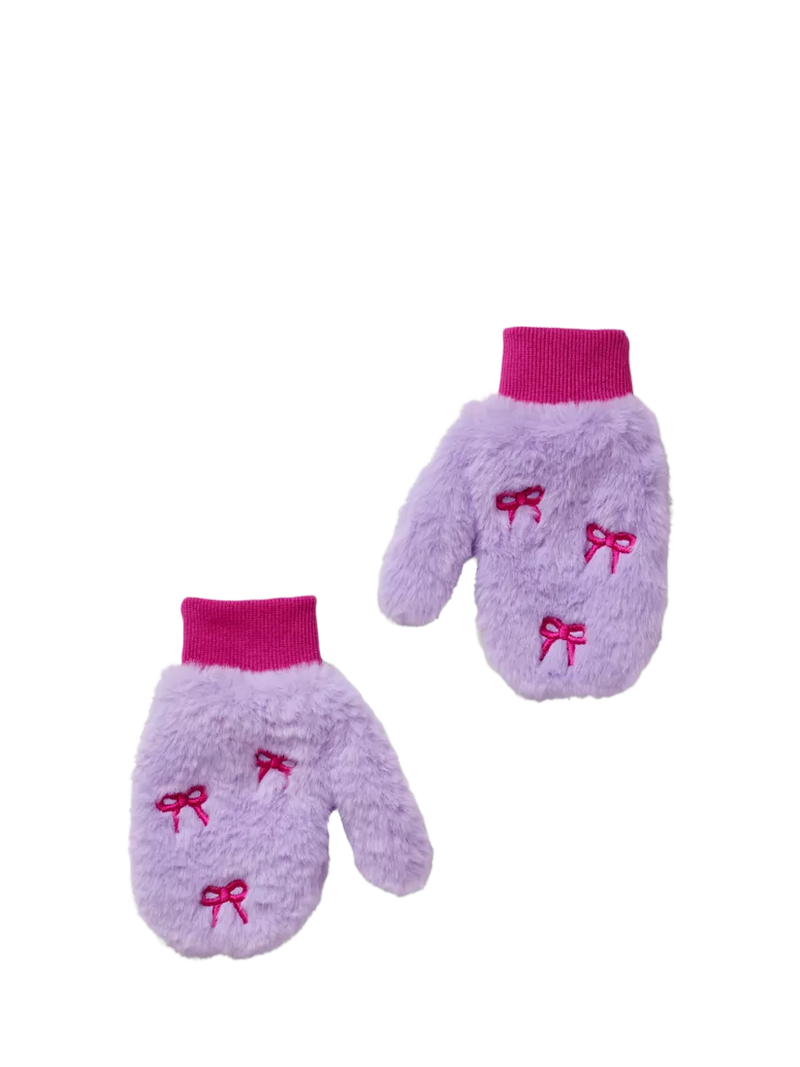 Small Stuff kids' faux fur embroidered purple mittens, imported from the UK
