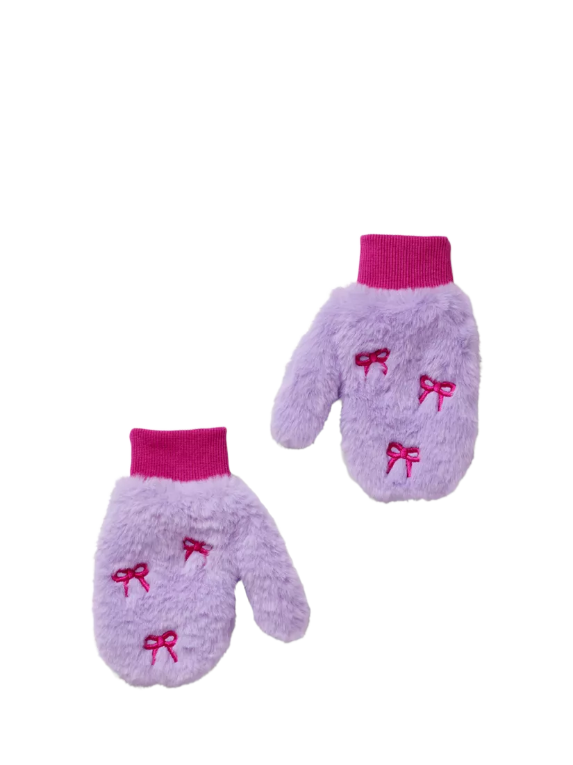 Small Stuff kids' faux fur embroidered purple mittens, imported from the UK