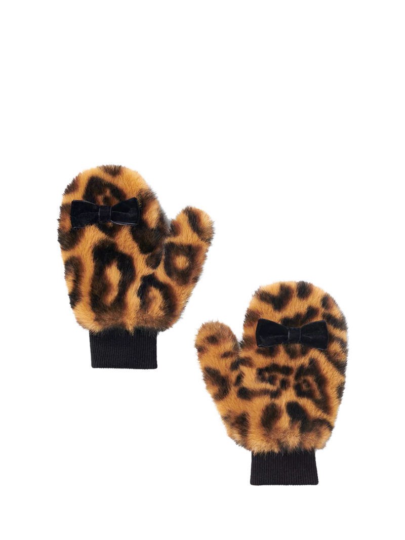 Small Stuff faux fur leopard print kids mittens, imported from the UK