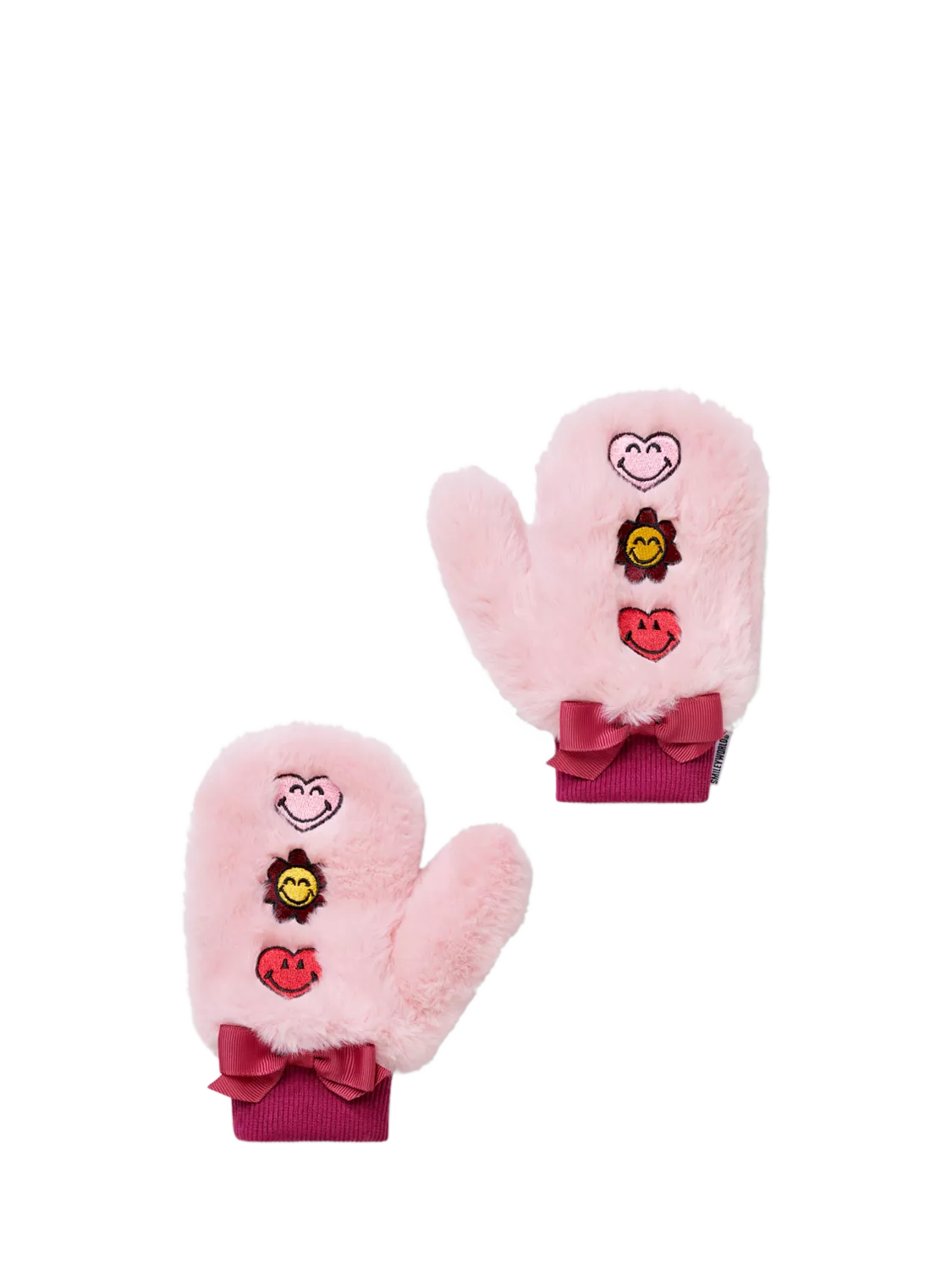 Small Stuff kids' smiley faux fur mittens in pink (British brand)