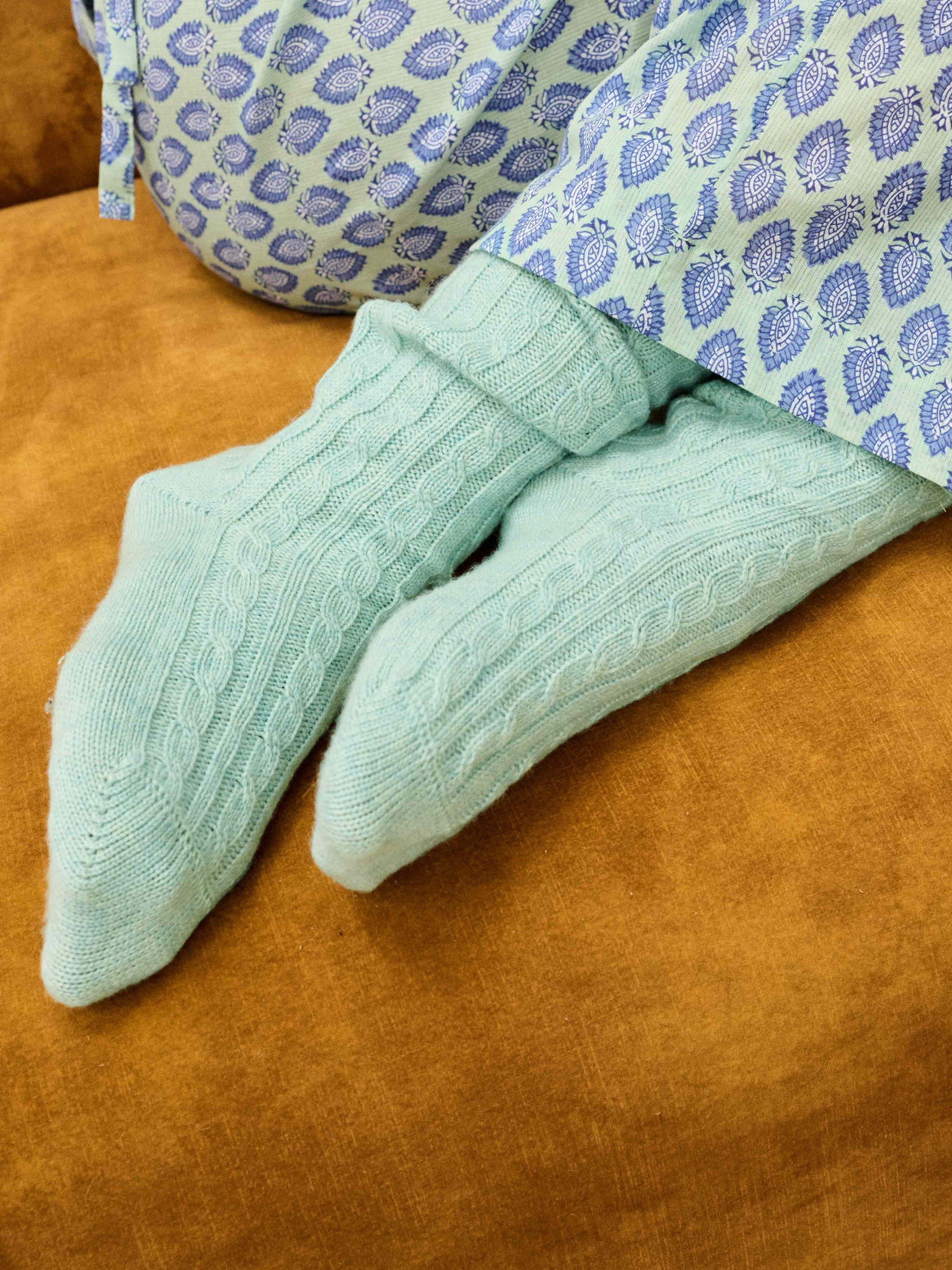 Brora cashmere cable knit bed socks, imported from the UK