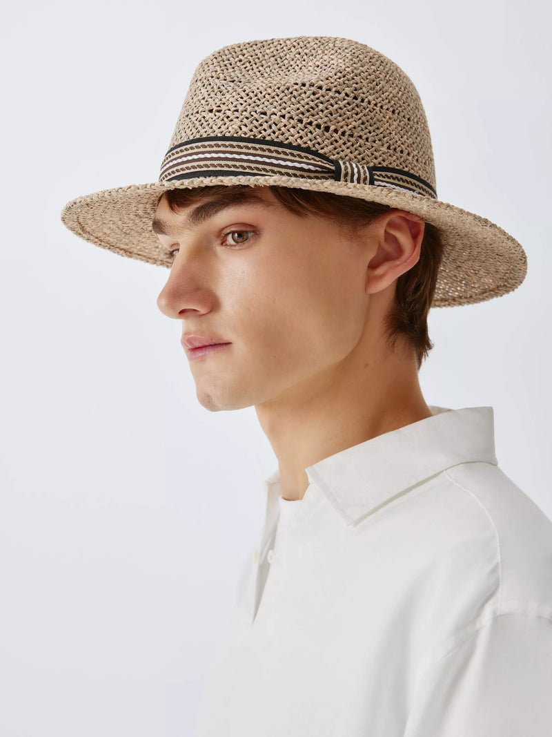 John Lewis Patterned Band Paper Straw Fedora Hat, Natural, S-M
