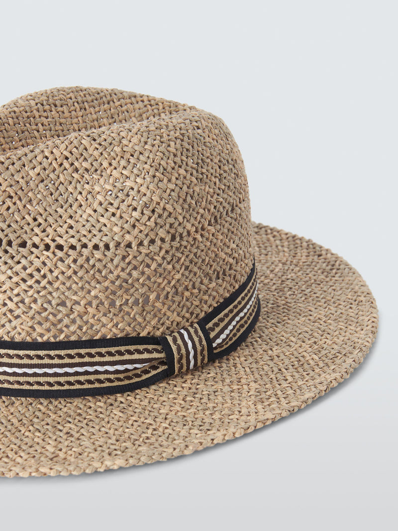 John Lewis paper straw fedora hat natural patterned band, UK version