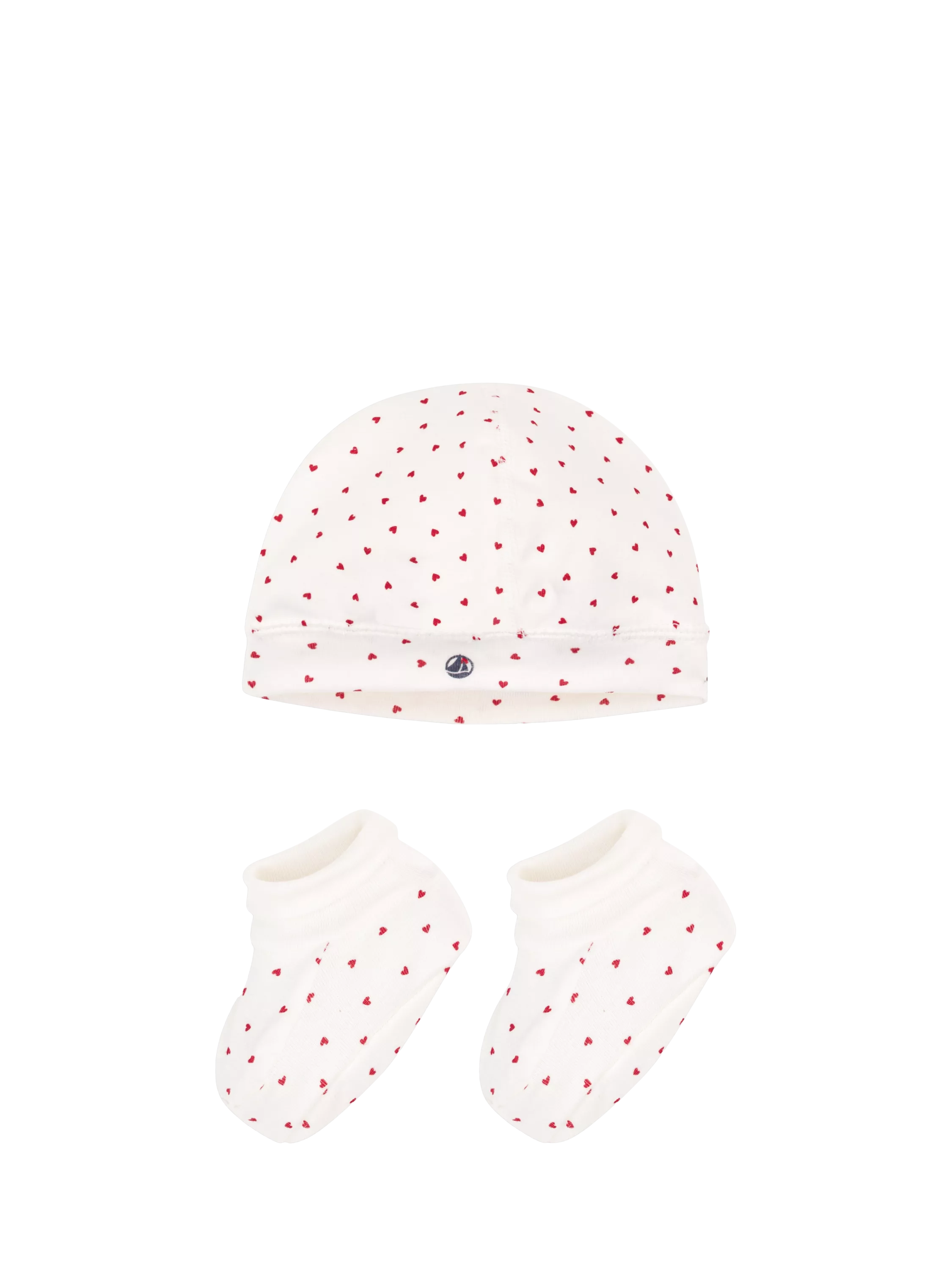 Petit Bateau baby hat and booties set with heart print - British product
