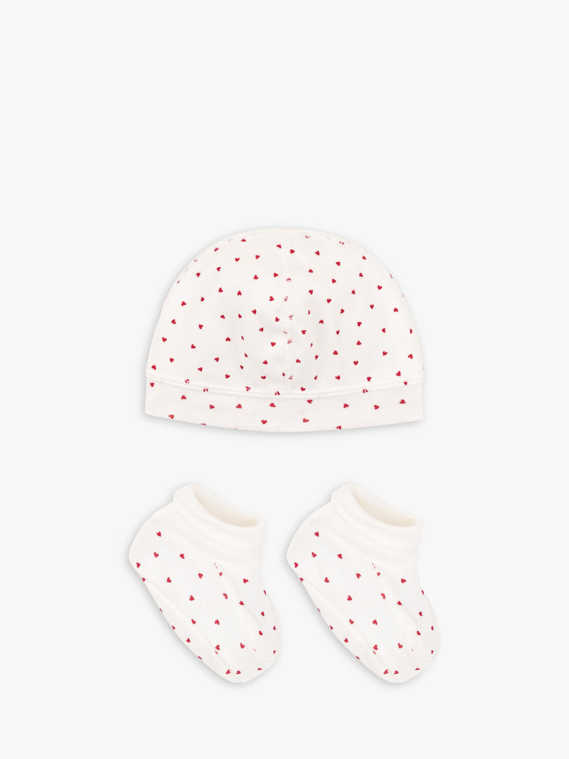 Petit Bateau baby hat and booties set with heart print - British product