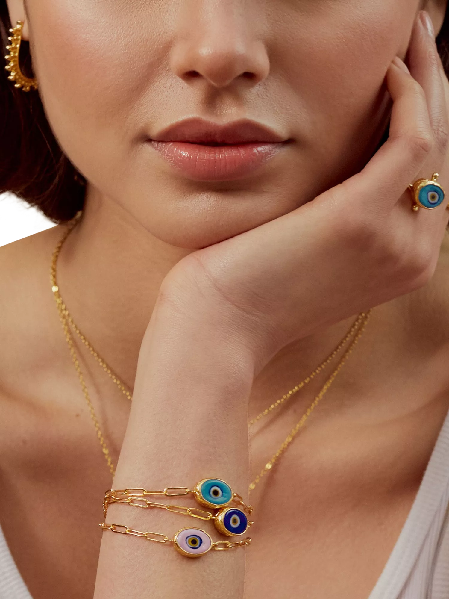 Ottoman Hands blue evil eye bracelet 21ct gold plated (British brand)