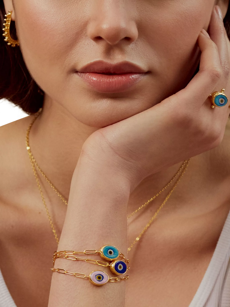 Ottoman Hands blue evil eye bracelet 21ct gold plated (British brand)