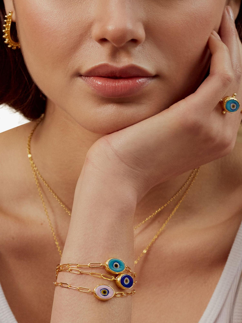 Ottoman Hands blue evil eye bracelet 21ct gold plated (British brand)