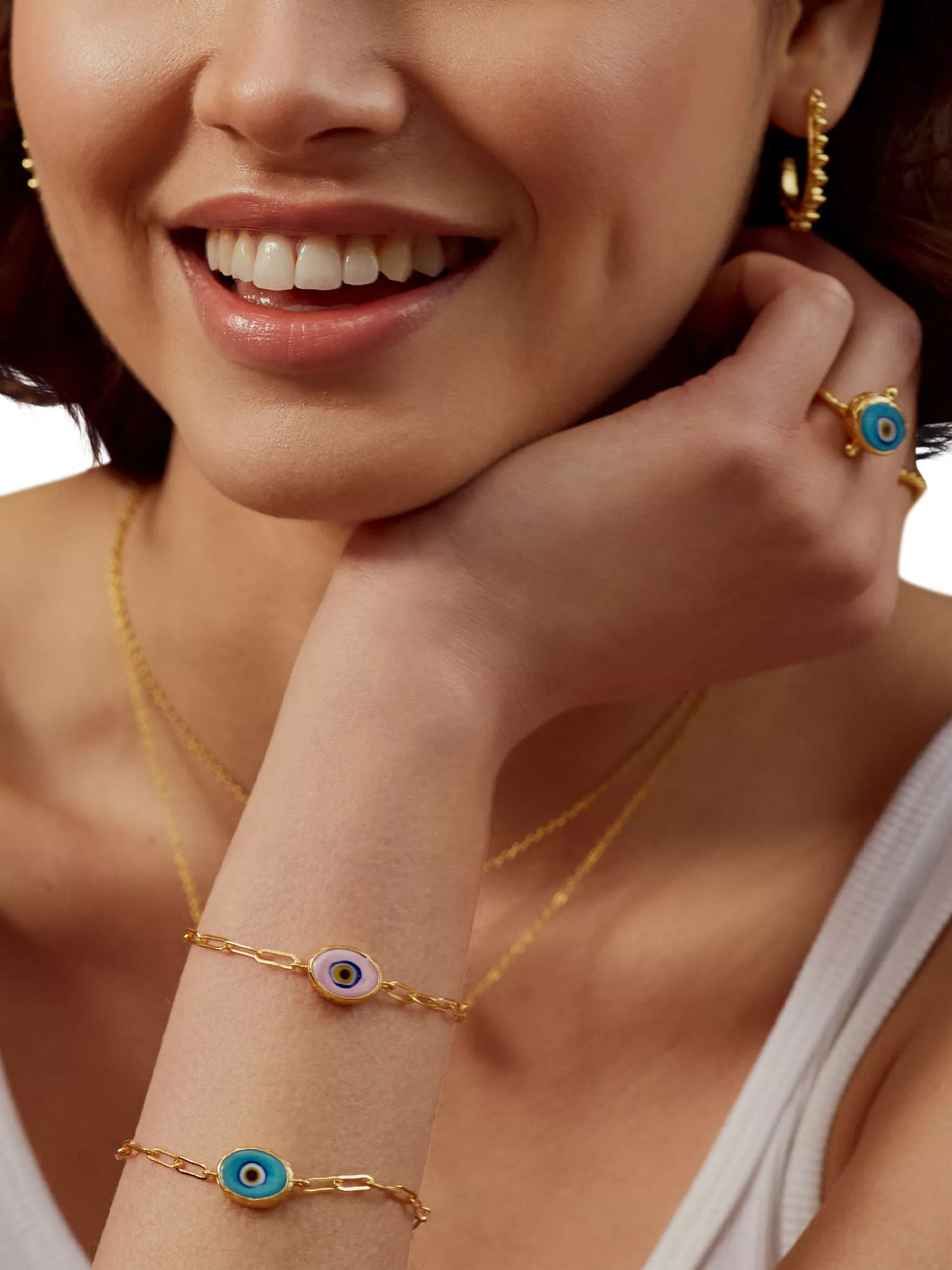Ottoman Hands blue evil eye bracelet 21ct gold plated (British brand)
