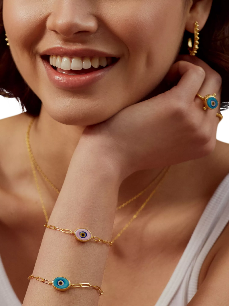Ottoman Hands blue evil eye bracelet 21ct gold plated (British brand)