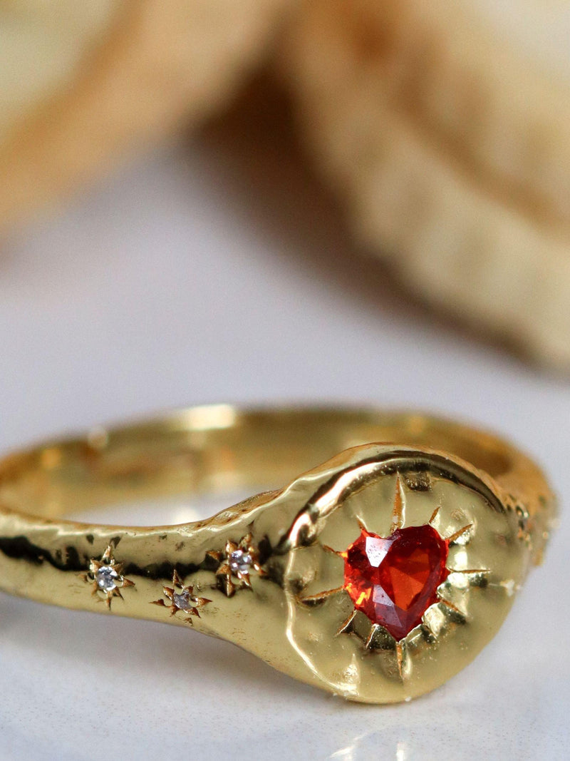 Ottoman Hands heart stacking ring garnet gold plated, imported from the UK